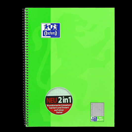 OXFORD Collegeblock Schule DIN A4 grün, liniert und kariert in einem, Sie erhalten 3 Blöcke