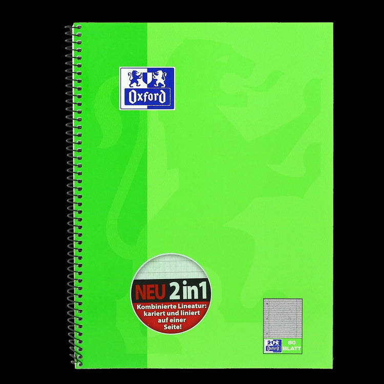 OXFORD Collegeblock Schule DIN A4 grün, liniert und kariert in einem, Sie erhalten 3 Blöcke