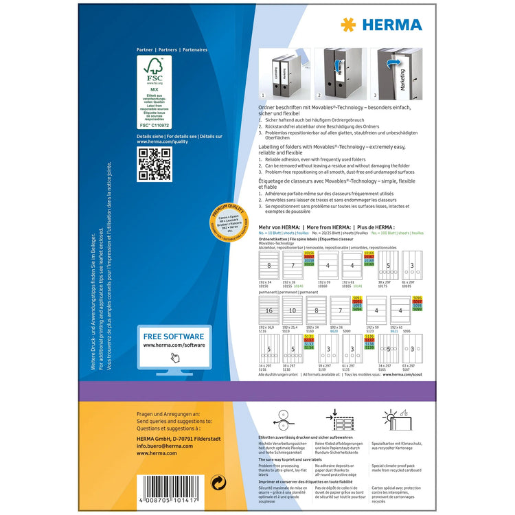 400 HERMA Ordneretiketten 10141 weiß für 7,0 - 8,0 cm Rückenbreite