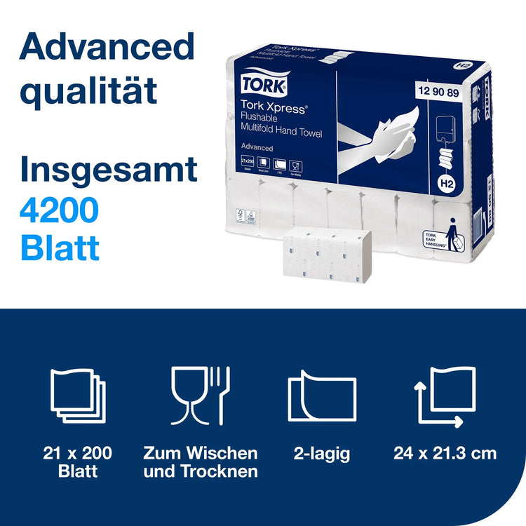 TORK Papierhandtücher 129089 Xpress® H2 Advanced schnellauflösend Interfold-Falzung 2-lagig 4.200 Tücher