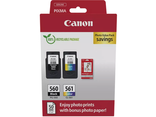 Canon PG-560 + CL-561 Druckerpatronen mit Fotopapier – Original Tinten-Set für PIXMA TS-Serie