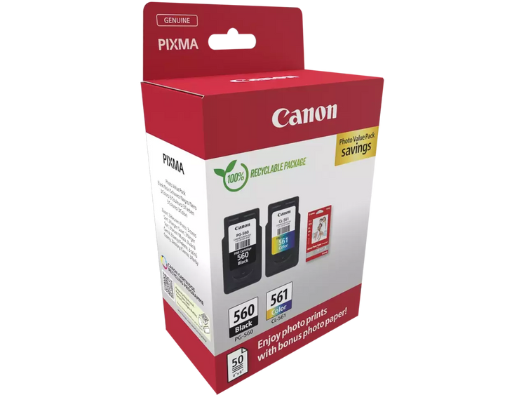 Canon PG-560 + CL-561 Druckerpatronen mit Fotopapier – Original Tinten-Set für PIXMA TS-Serie