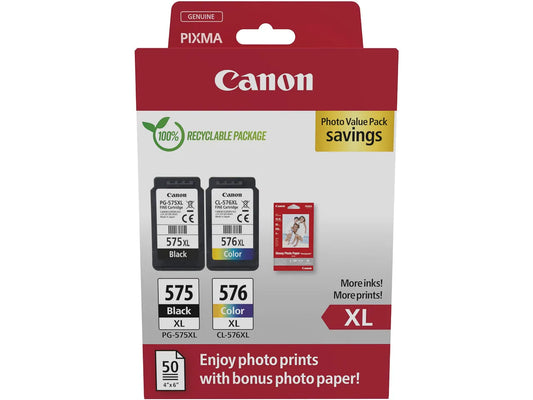 Canon PG-575XL/CL-576XL schwarz, color Druckköpfe + Fotopapier, 2er-Set