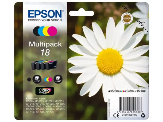 EPSON 18 / T1806 Druckerpatronen 4er-Set – Original Tinte für brillante Farben & gestochen scharfe Texte