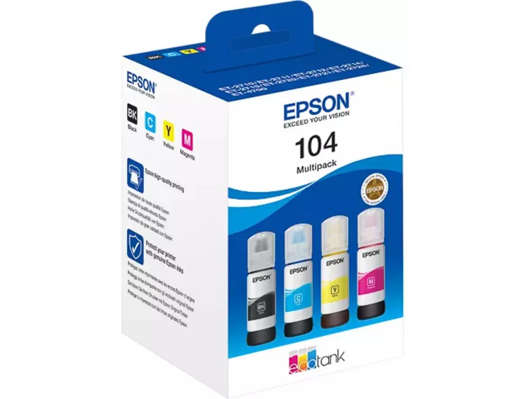 EPSON 104/T00P64 Tintenflaschen-Set (Schwarz, Cyan, Magenta, Gelb) – Original für EcoTank