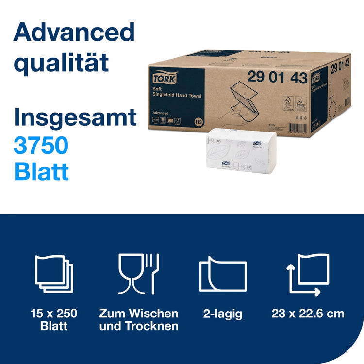 TORK Papierhandtücher 290143 H3 Advanced Zick-Zack-Falzung 2-lagig 3.750 Tücher