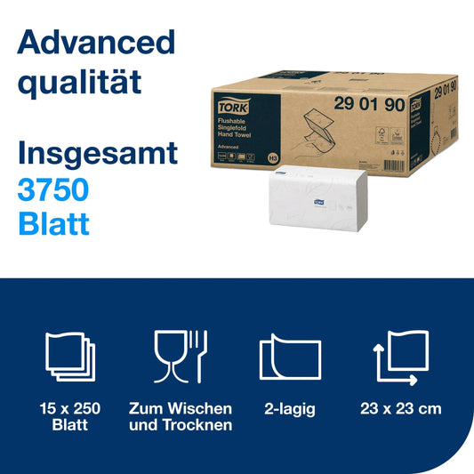 TORK Papierhandtücher 290190 H3 Advanced schnellauflösend Zick-Zack-Falzung 2-lagig 3.750 Tücher