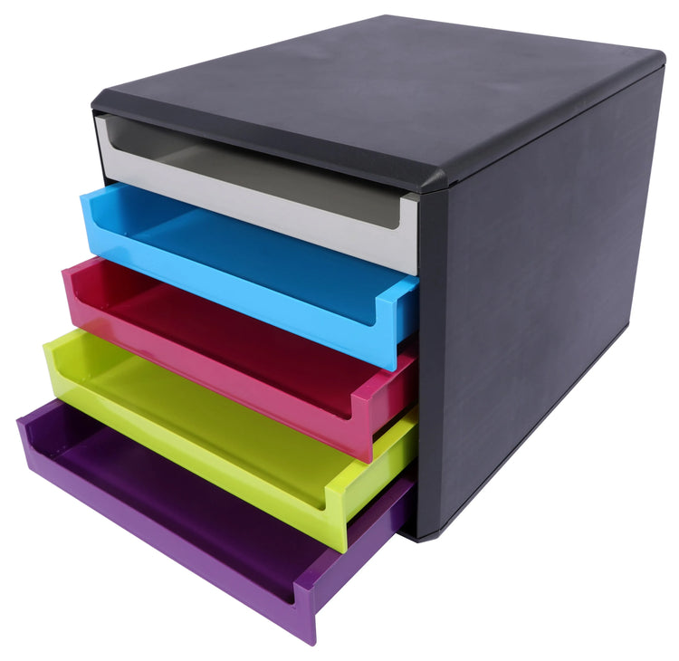 M&M Schubladenbox grau, grün, orange, blau, rot DIN A4 mit 5 Schubladen