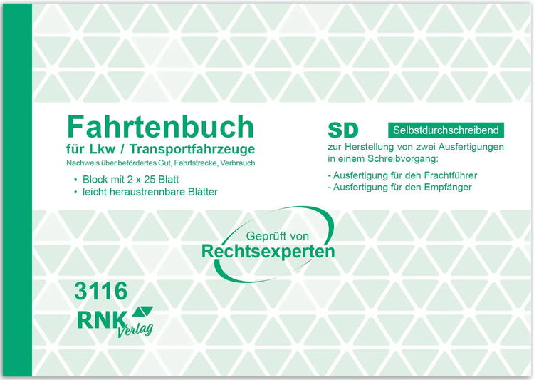 Fahrtenbuch für LKW, Nachweis über Fahrtstrecke, A5 quer, Block, 2x25 Blatt, SD