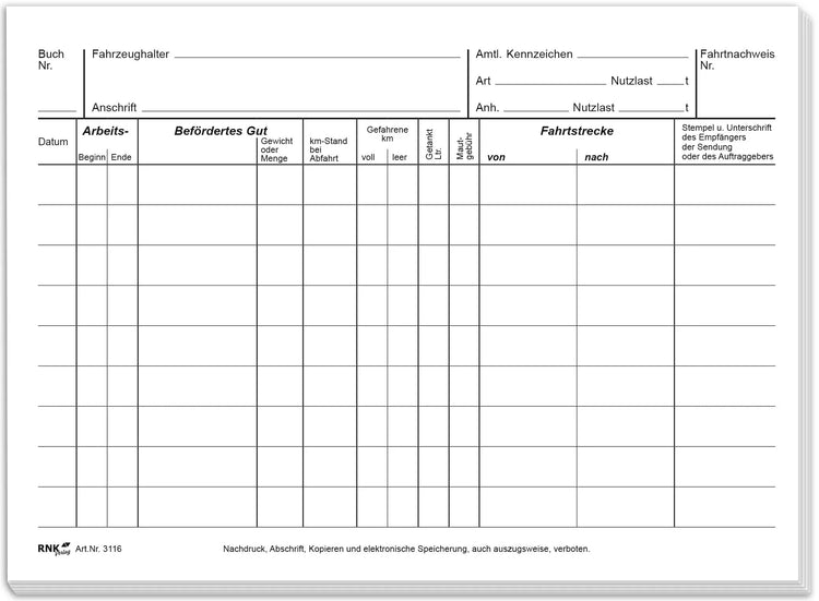 Fahrtenbuch für LKW, Nachweis über Fahrtstrecke, A5 quer, Block, 2x25 Blatt, SD
