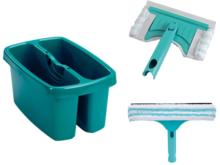 Leifheit Starter Set Fenster/Bad zum Wannen und Fenster Putzen, dreiteiliges Fensterputz Set mit Fliesen-, Fensterwischer und Zwei-Kammer-Eimer