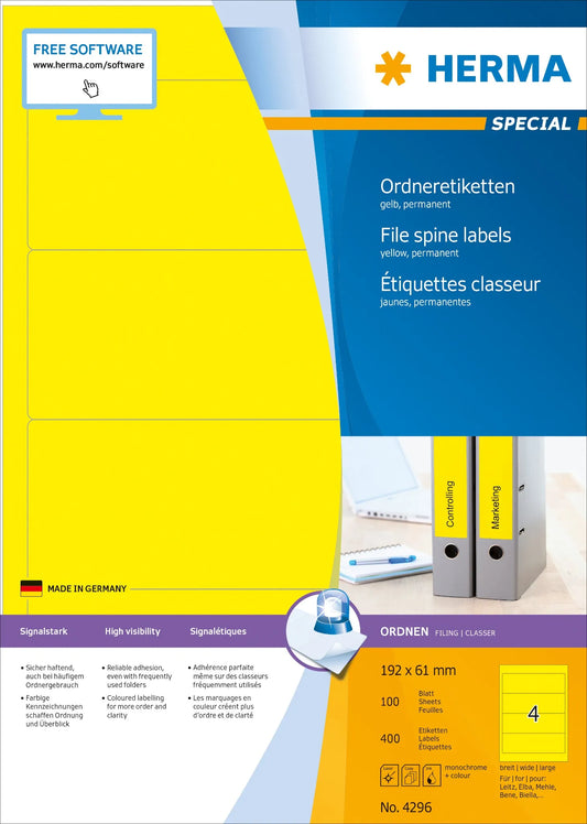 400 HERMA Ordneretiketten 4296 gelb für 7,0 - 8,0 cm Rückenbreite