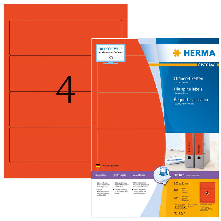 400 HERMA Ordneretiketten 4297 rot für 7,0 - 8,0 cm Rückenbreite