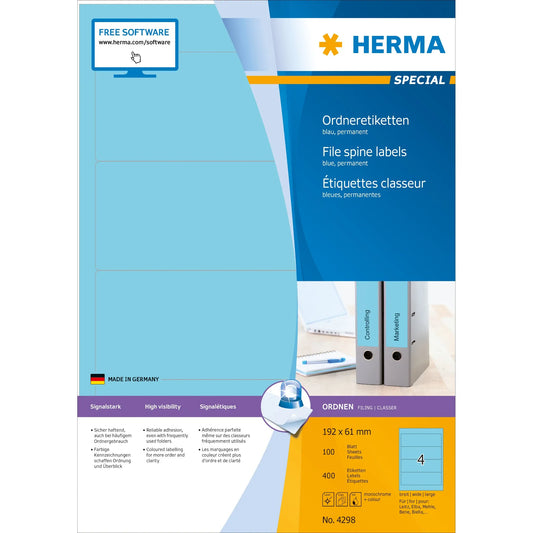 400 HERMA Ordneretiketten 4298 blau für 7,0 - 8,0 cm Rückenbreite