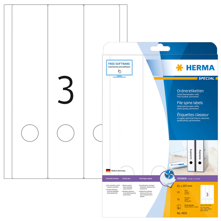 75 HERMA Ordneretiketten 4831 weiß für 7,0 - 8,0 cm Rückenbreite