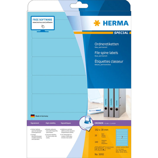 140 HERMA Ordneretiketten 5093 blau für 4,0 - 5,0 cm Rückenbreite