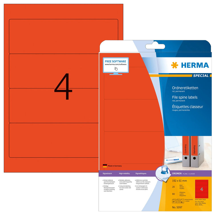 80 HERMA Ordneretiketten 5097 rot für 7,0 - 8,0 cm Rückenbreite