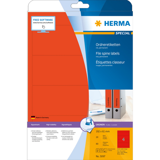 80 HERMA Ordneretiketten 5097 rot für 7,0 - 8,0 cm Rückenbreite