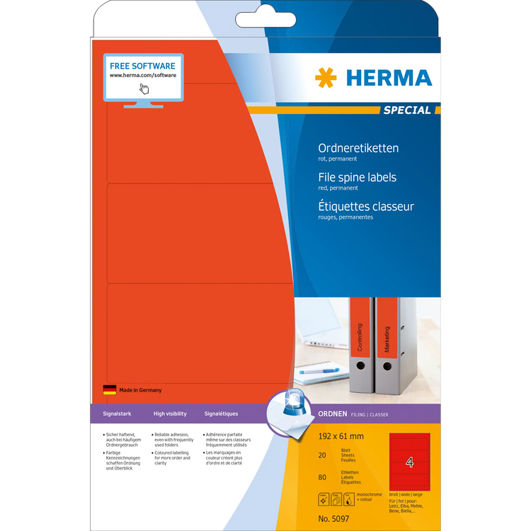 80 HERMA Ordneretiketten 5097 rot für 7,0 - 8,0 cm Rückenbreite