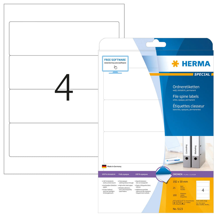 100 HERMA Ordneretiketten 5123 weiß für 7,0 - 8,0 cm Rückenbreite