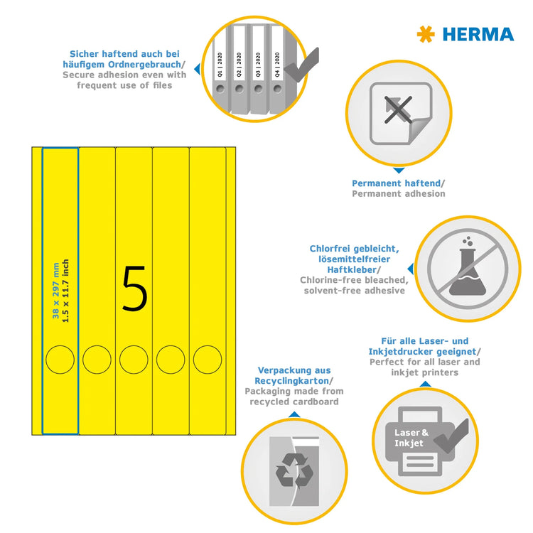 100 HERMA Ordneretiketten 5131 gelb für 4,0 - 5,0 cm Rückenbreite