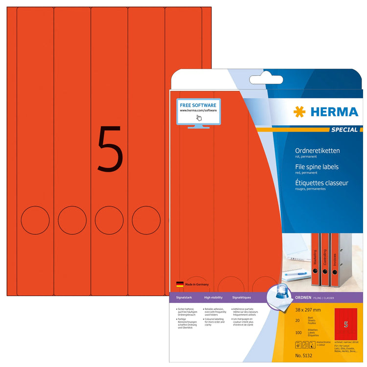 100 HERMA Ordneretiketten 5132 rot für 4,0 - 5,0 cm Rückenbreite
