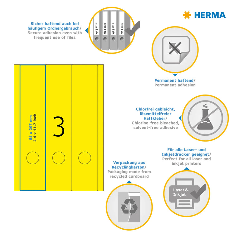 60 HERMA Ordneretiketten 5136 gelb für 7,0 - 8,0 cm Rückenbreite