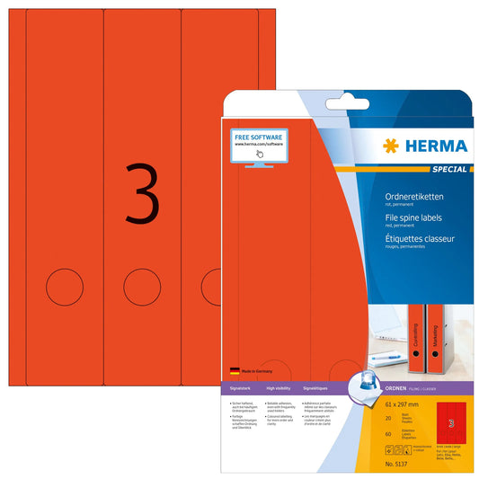 60 HERMA Ordneretiketten 5137 rot für 7,0 - 8,0 cm Rückenbreite