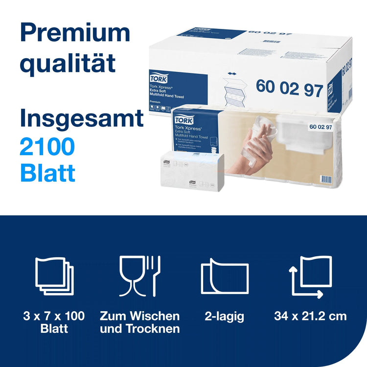 TORK Papierhandtücher 600297 Xpress® H2 Premium Extra Soft Interfold-Falzung 2-lagig 2.100 Tücher