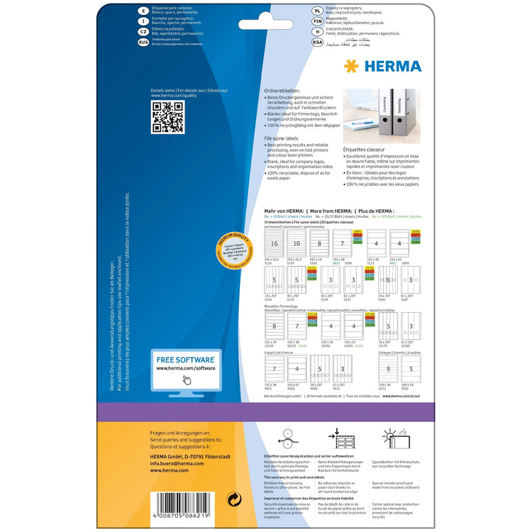 40 HERMA Ordneretiketten 8621 weiß für 7,0 - 8,0 cm Rückenbreite