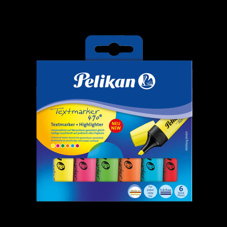 6 Pelikan 490 Textmarker farbsortiert gelb, orange, grün, pink, blau, rot