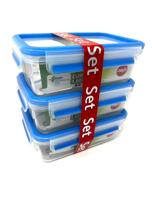 3 emsa Frischhaltedosen-Set CLIP & CLOSE 7,0 cm hoch transparent 1,0 l