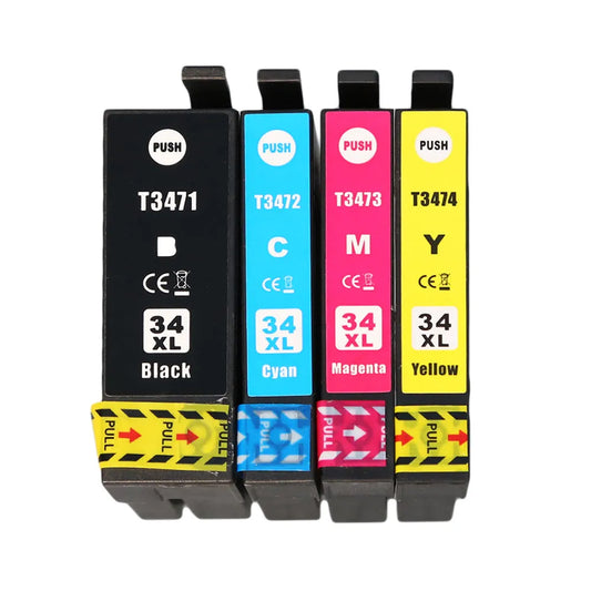 Vier XXL-kompatible Druckerpatronen von Wechselfaul als Ersatz für Epson 34XL T3476, in einer Reihe aufgereiht, isoliert auf weißem Hintergrund für die Druckerpatronen Workforce Pro WF-3720.