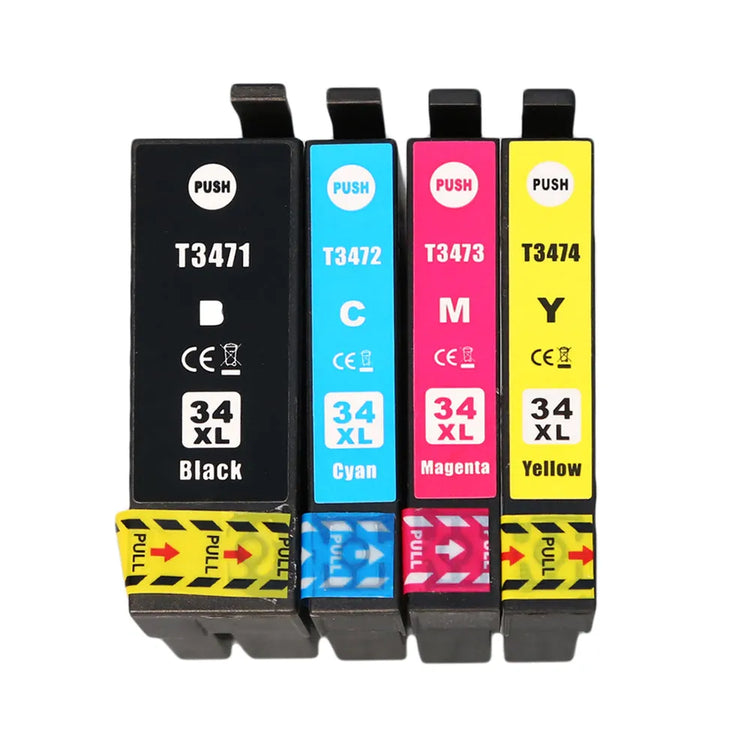 Vier XXL-kompatible Druckerpatronen von Wechselfaul als Ersatz für Epson 34XL T3476, in einer Reihe aufgereiht, isoliert auf weißem Hintergrund für die Druckerpatronen Workforce Pro WF-3720.