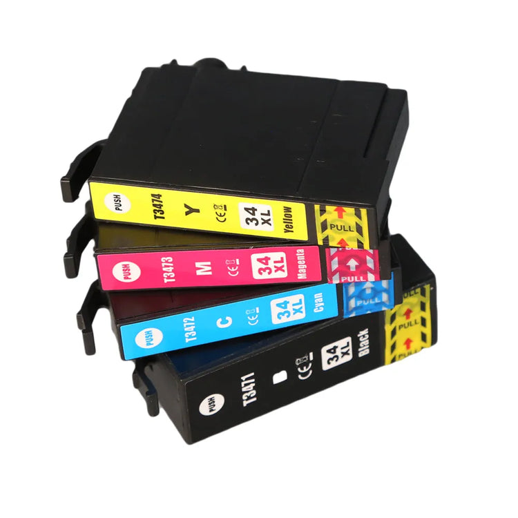 Ein Satz von fünf Wechselfaul-Druckertintenpatronen in einem Halter, angeordnet mit gelben, magentafarbenen, cyanfarbenen und zwei schwarzen Patronen, jeweils mit der Angabe des Tintenfüllstands gekennzeichnet.