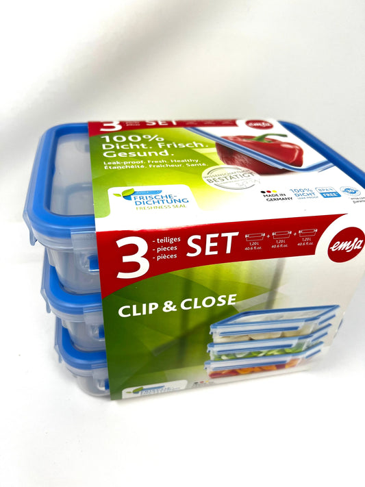 Emsa 3 Frischhaltedosen CLIP & CLOSE 5,8 cm hoch transparent 3x 1,2 l