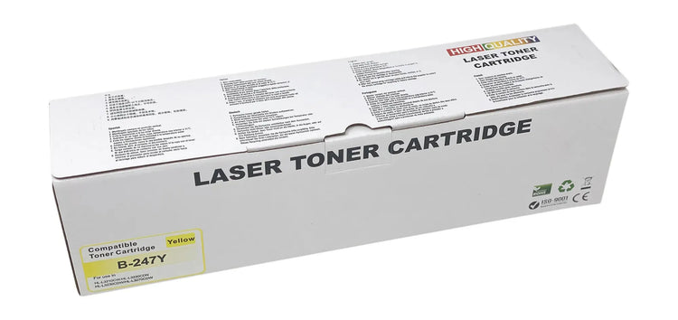 Eine Schachtel mit weißer Laser-Tonerkartusche mit Etiketten, die darauf hinweisen, dass es sich um einen hochwertigen, gelben XL-Toner handelt, der mit Brother TN-243 / TN-247 DCP-L 3510CDW MFC-L-3710CW Multipack-Toner kompatibel ist und mit mehreren Druckermodellen kompatibel ist und verschiedene Zertifizierungen wie ISO und CE von Wechselfaul aufweist.