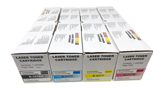 Vier XL-Tonerkartuschen mit der Aufschrift „Wechselfaul TN-247 Multipack-Toner“ in Schwarz, Cyan, Magenta und Gelb sind nebeneinander angeordnet und zeigen jeweils ihre Farbe und Seitenreichweite.