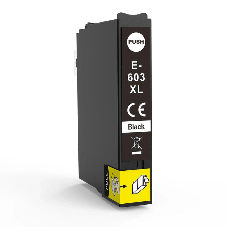 Eine schwarz-gelbe Druckertintenpatronenschachtel mit der Aufschrift „4 XL kompatible Druckerpatronen von Wechselfaul als Ersatz für Epson 603XL“ für Expression Home XP- und WorkForce WF-Drucker. Die Patrone ist mit mehreren Symbolen versehen, darunter CE-Kennzeichnung und Recyclinginformationen.