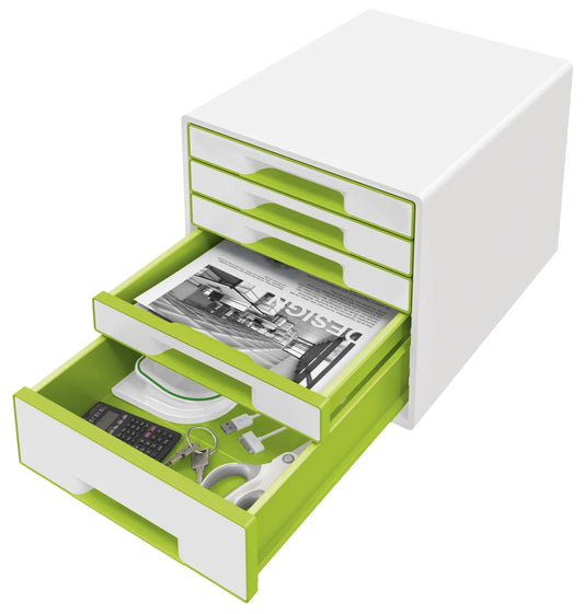 LEITZ Schubladenbox WOW Cube perlweiß/grün DIN A4 mit 5 Schubladen