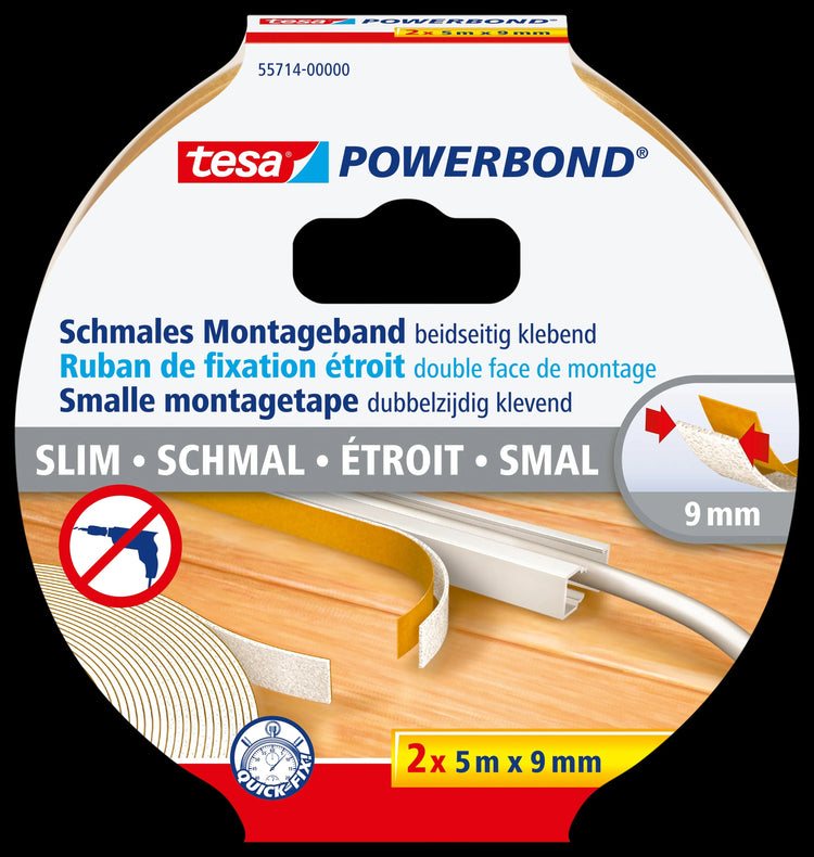 tesa Montageband POWERBOND schmal doppelseitiges Klebeband weiß 9,0 mm x 5,0 m 2 Rollen