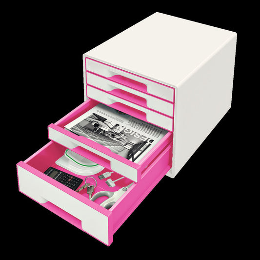 LEITZ Schubladenbox WOW Cube perlweiß/pink DIN A4 mit 5 Schubladen