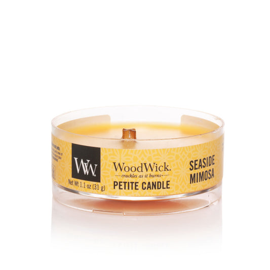 WoodWick Seaside Mimosa Petite mini Kerze 31g mit Knisterdocht, Brenndauer bis zu 8 Std