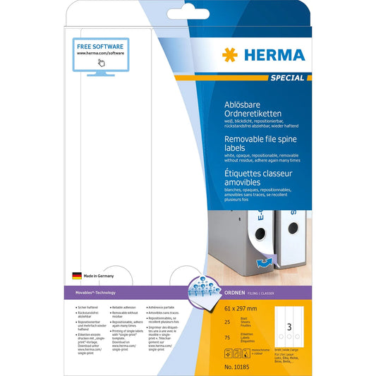 75 HERMA Ordneretiketten 10185 weiß für 7,0 - 8,0 cm Rückenbreite