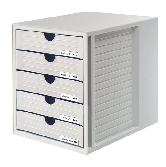 HAN Schubladenbox System-Box lichtgrau DIN C4 mit 5 Schubladen