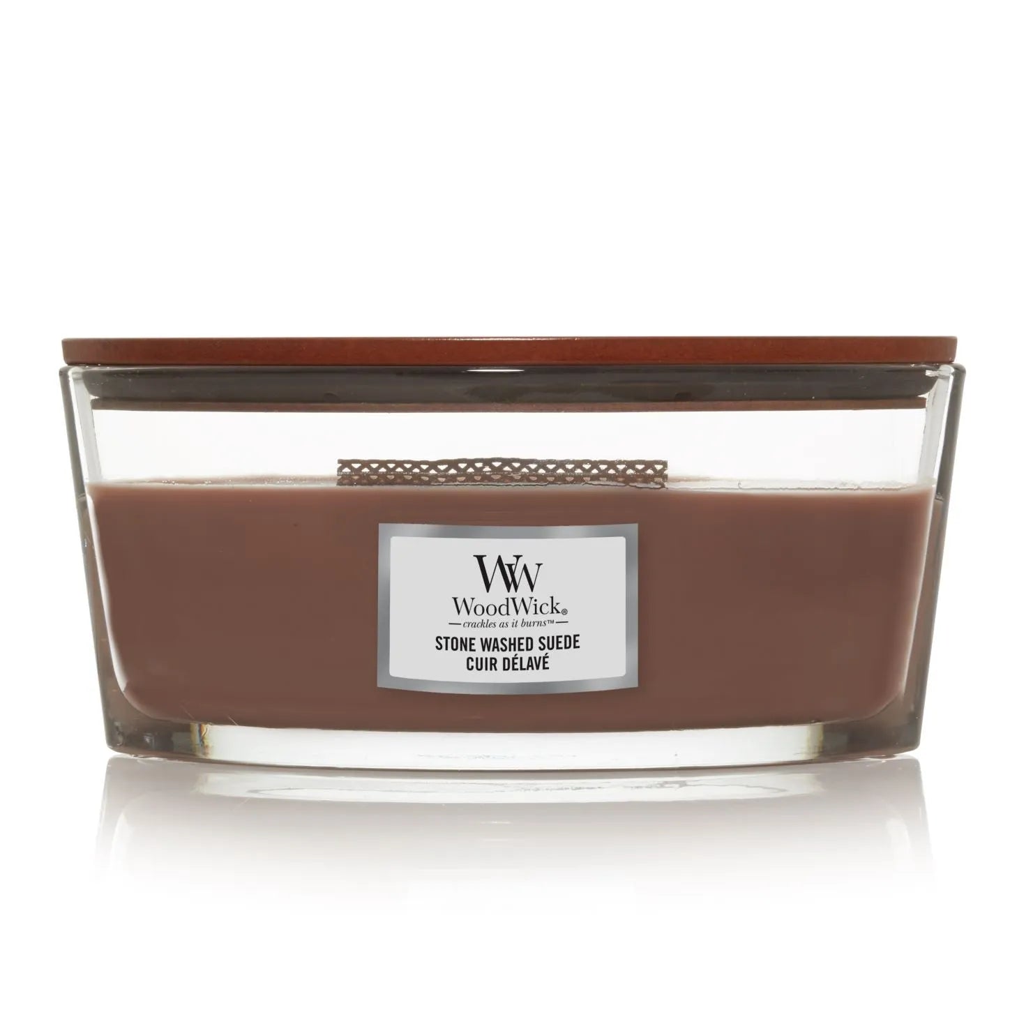 WoodWick Ellipse Duftkerze mit knisterndem Docht, Stone Washed Suede, Brenndauer bis zu 50 Stunden