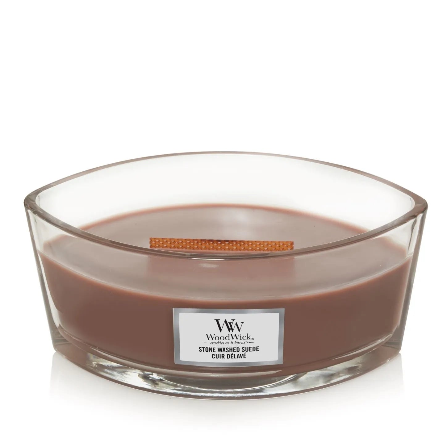 WoodWick Ellipse Duftkerze mit knisterndem Docht, Stone Washed Suede, Brenndauer bis zu 50 Stunden