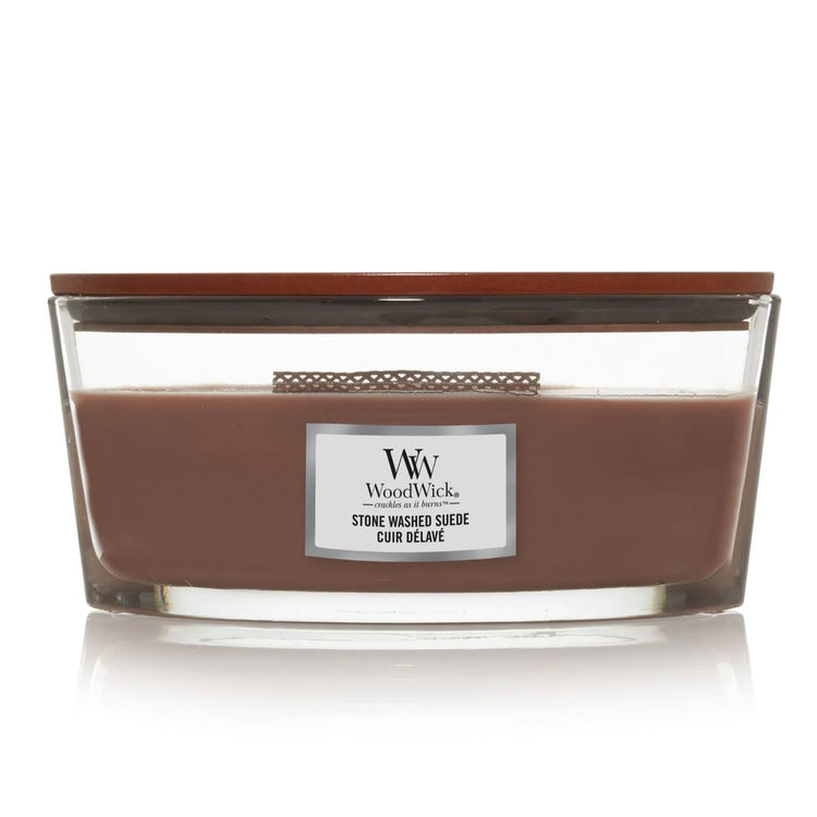 WoodWick Ellipse Duftkerze mit knisterndem Docht, Stone Washed Suede, Brenndauer bis zu 50 Stunden