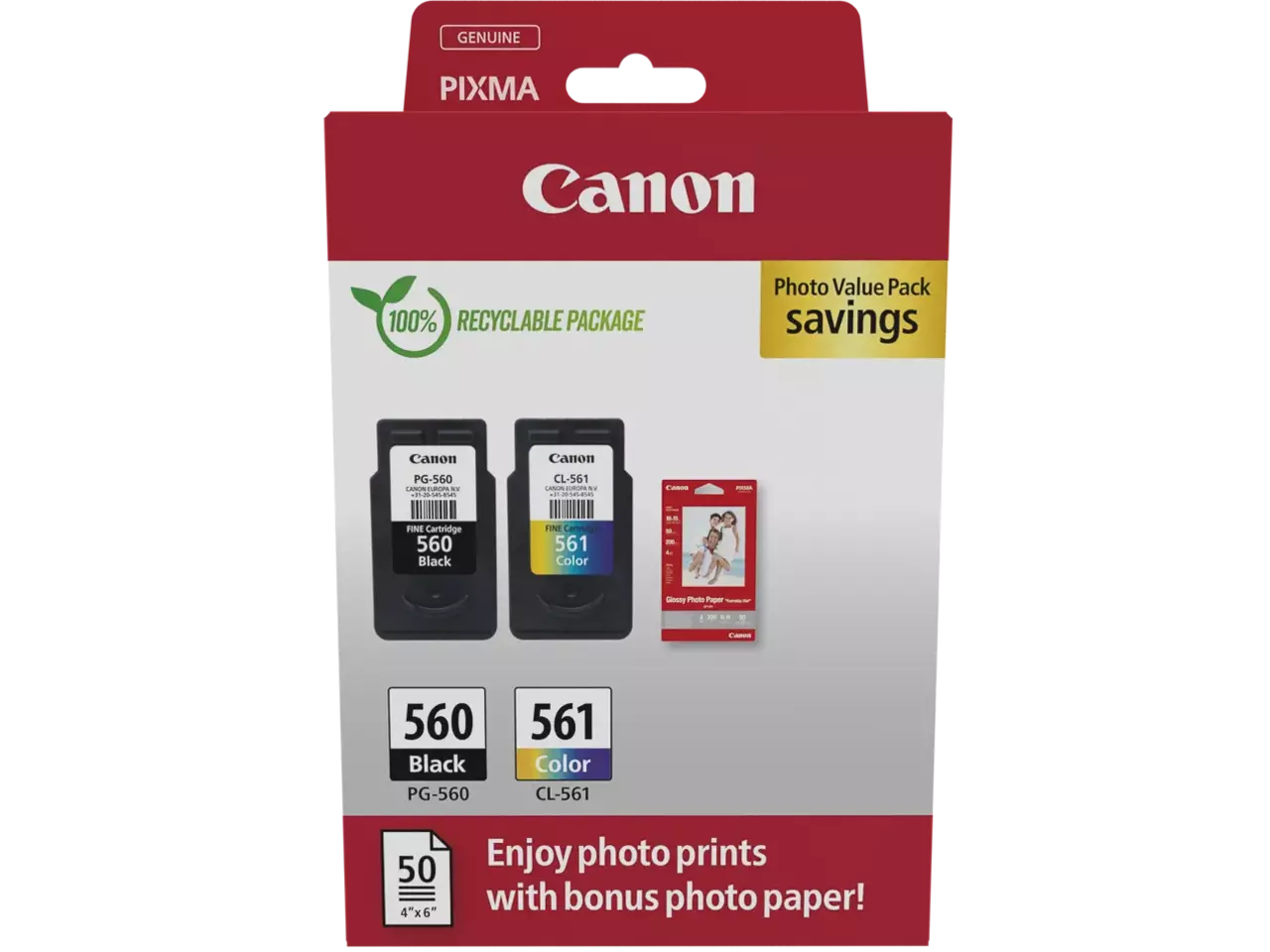 Canon PG-560 + CL-561 Druckerpatronen mit Fotopapier – Original Tinten-Set für PIXMA TS-Serie