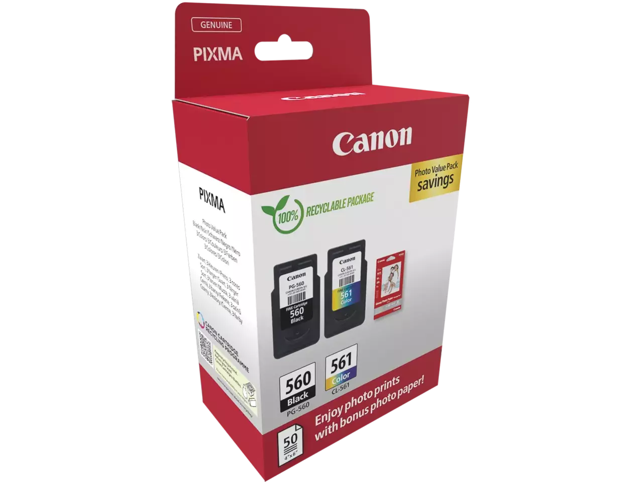 Canon PG-560 + CL-561 Druckerpatronen mit Fotopapier – Original Tinten-Set für PIXMA TS-Serie